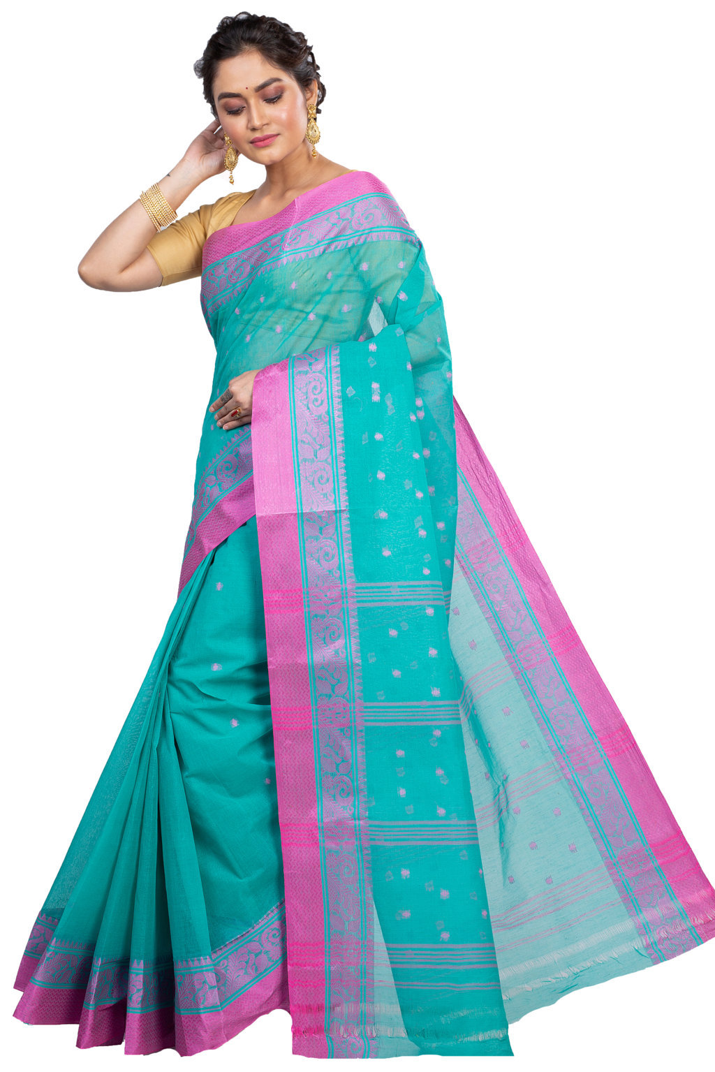 Olive Green Pure Cotton Sorbori Tant Saree (857)